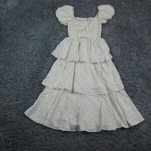 Francesca's Dress Womens Small White Blue Polka Dot Tiered Maxi Smocked NWT
